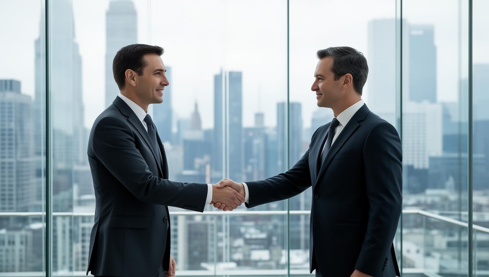 Business partners shaking hands in an office overlooking the city